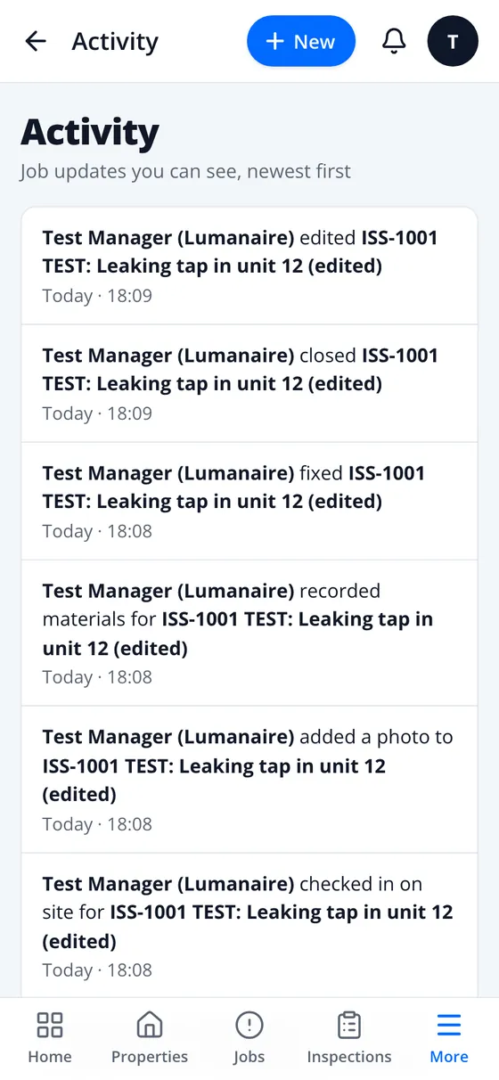 Activity: job updates, newest first, each with who and when
