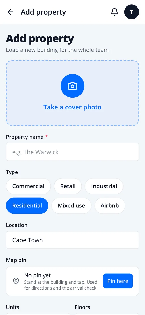Add property form with cover photo, name, type, location and map pin