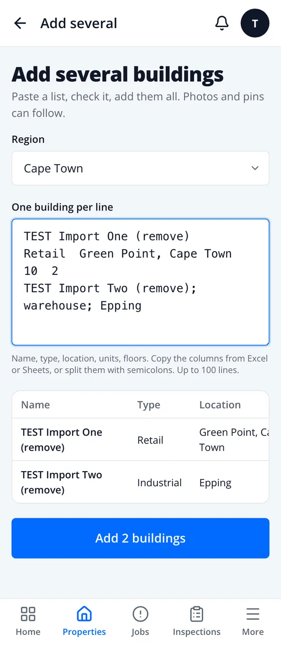 Add several buildings: one building per line, checked in a table, then Add 2 buildings