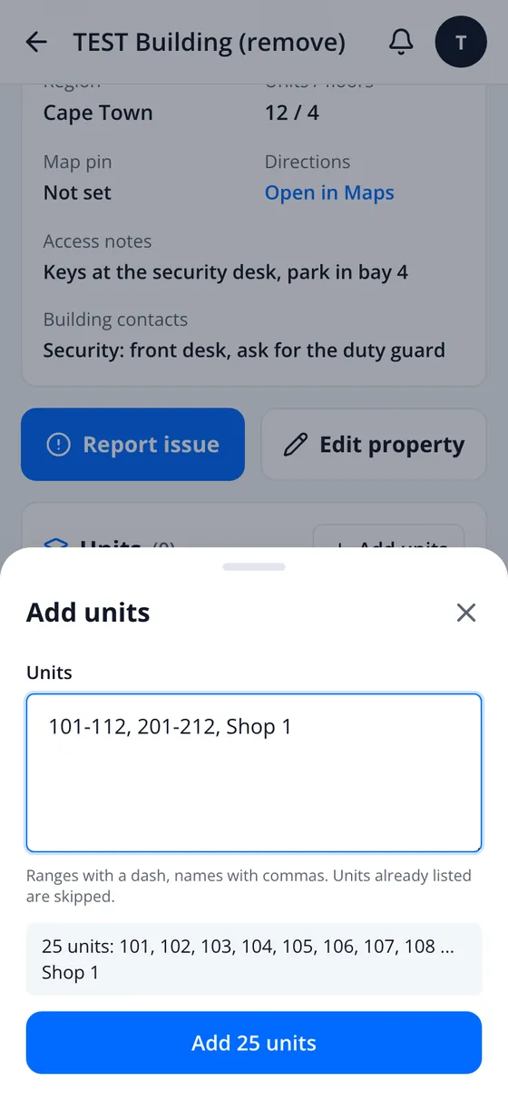 Add units sheet: 101-112, 201-212, Shop 1 becomes 25 units