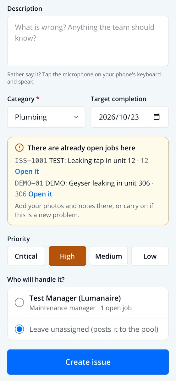 The form further down: a yellow warning that there are already open jobs here, priority buttons and who will handle it