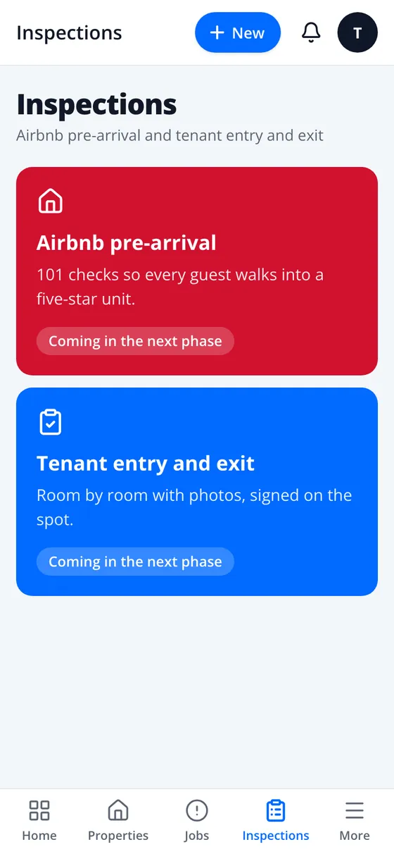 Inspections tab with Airbnb pre-arrival and Tenant entry and exit, both marked coming in the next phase