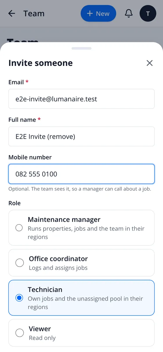 Invite someone: email, full name, mobile number and the role choices