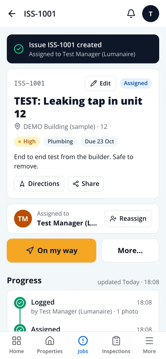 New job created and assigned, with the On my way button