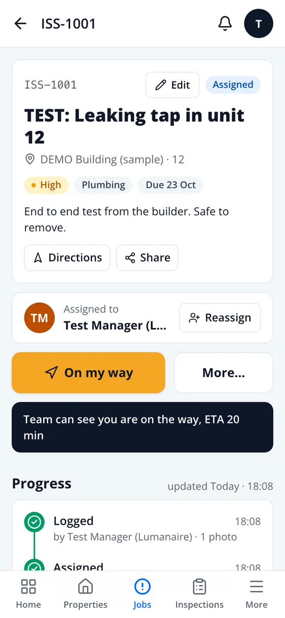 Job on the way with the message that the team can see you are on the way, ETA 20 min