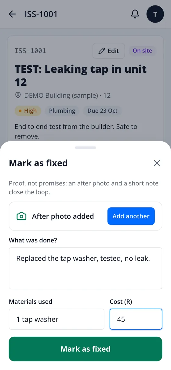 Mark as fixed sheet: after photo added, what was done and materials used
