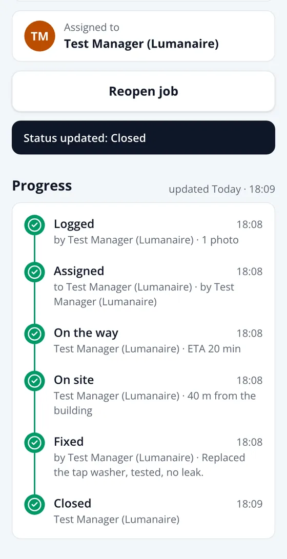 Closed job with the full progress timeline: logged, assigned, on the way, on site, fixed and closed, each with a time