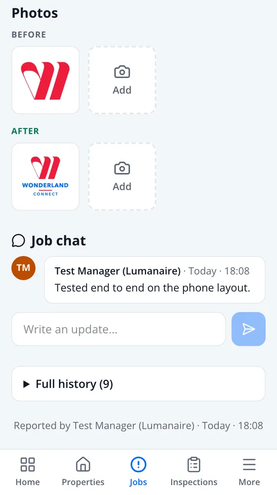 Before and after photos, the job chat with a message, and the full history