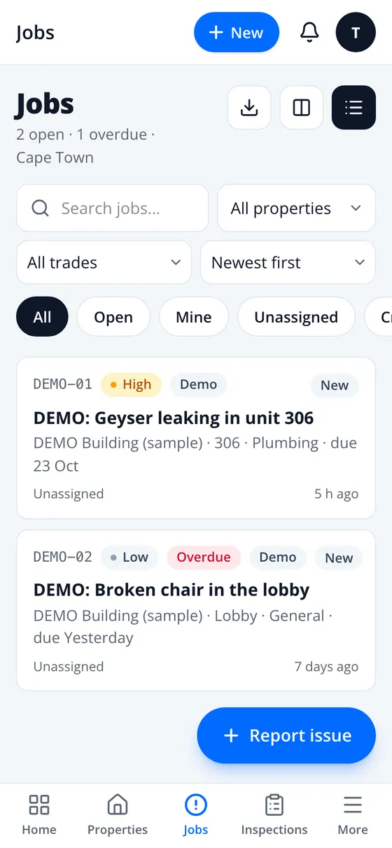 Jobs list with search, filters, status chips and job cards