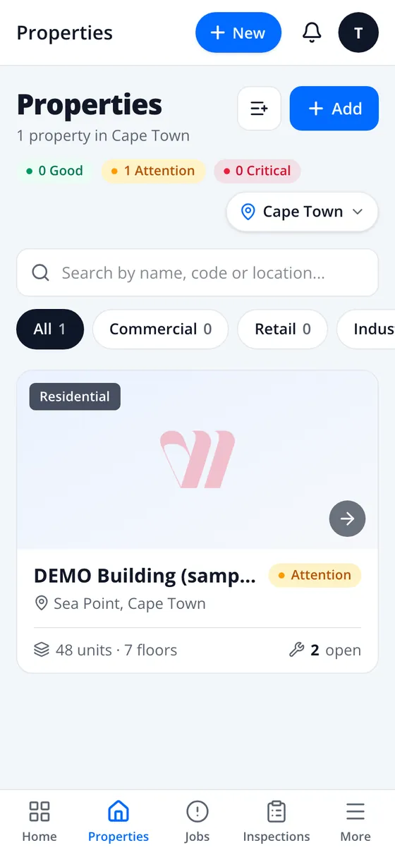 Properties list with health counts, search, type chips and a building card