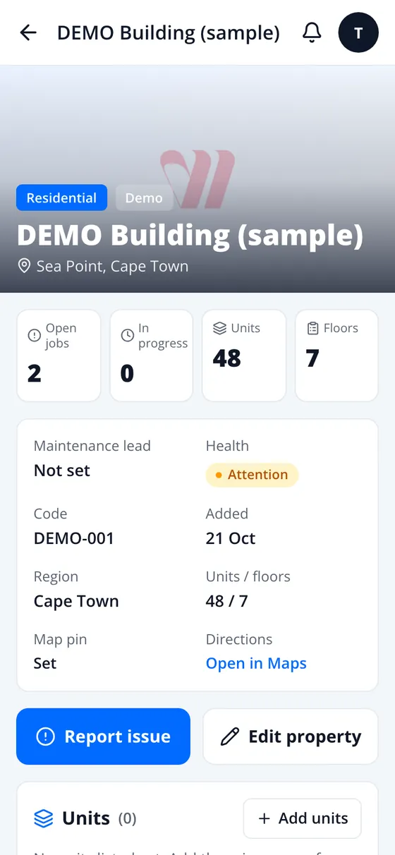 Building page with open jobs, units and floors, maintenance lead, health, map pin and directions