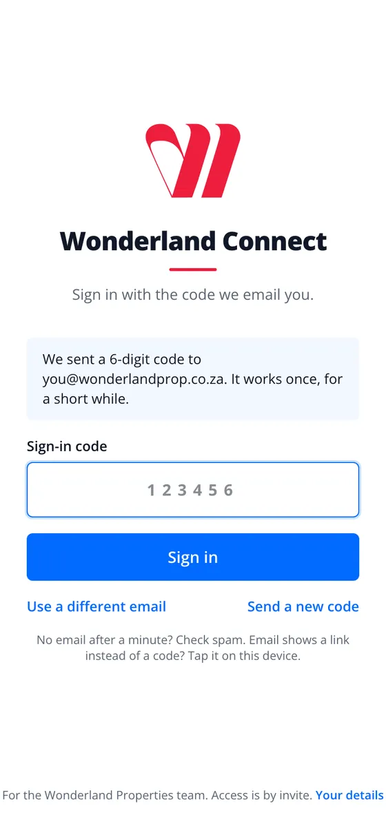Code screen: we sent a 6-digit code, a box for the code and the Sign in button