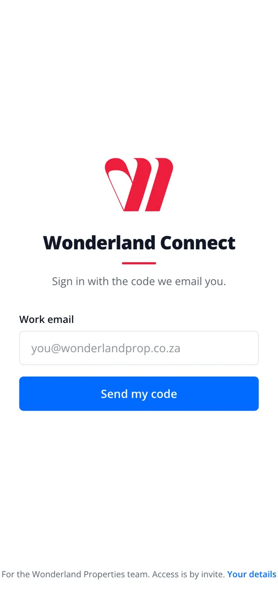 Sign-in screen: the Wonderland W, Wonderland Connect, a work email box and the Send my code button