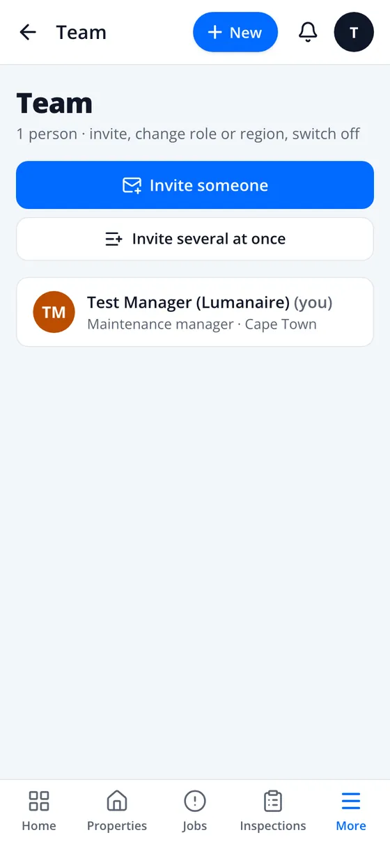 Team screen with Invite someone, Invite several at once and the team list